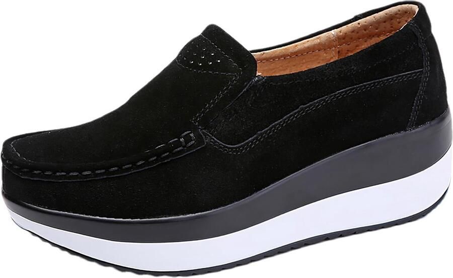 Rismart Vrouwen Suede lederen sleehak Trainers Platform Schoenen Slip on Loafers