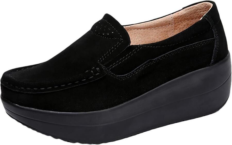 Rismart Vrouwen Suede lederen sleehak Trainers Platform Schoenen Slip on Loafers Zwart 39.5