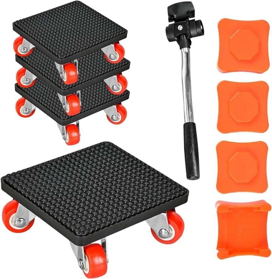 Roller Set 9 Delen met Lastenlifter en 4 Draaibare Meubelwielen 360° 500 kg Draagvermogen 4 Hoogteverstellers Geschikt voor Verplaatsen Zware Meubels