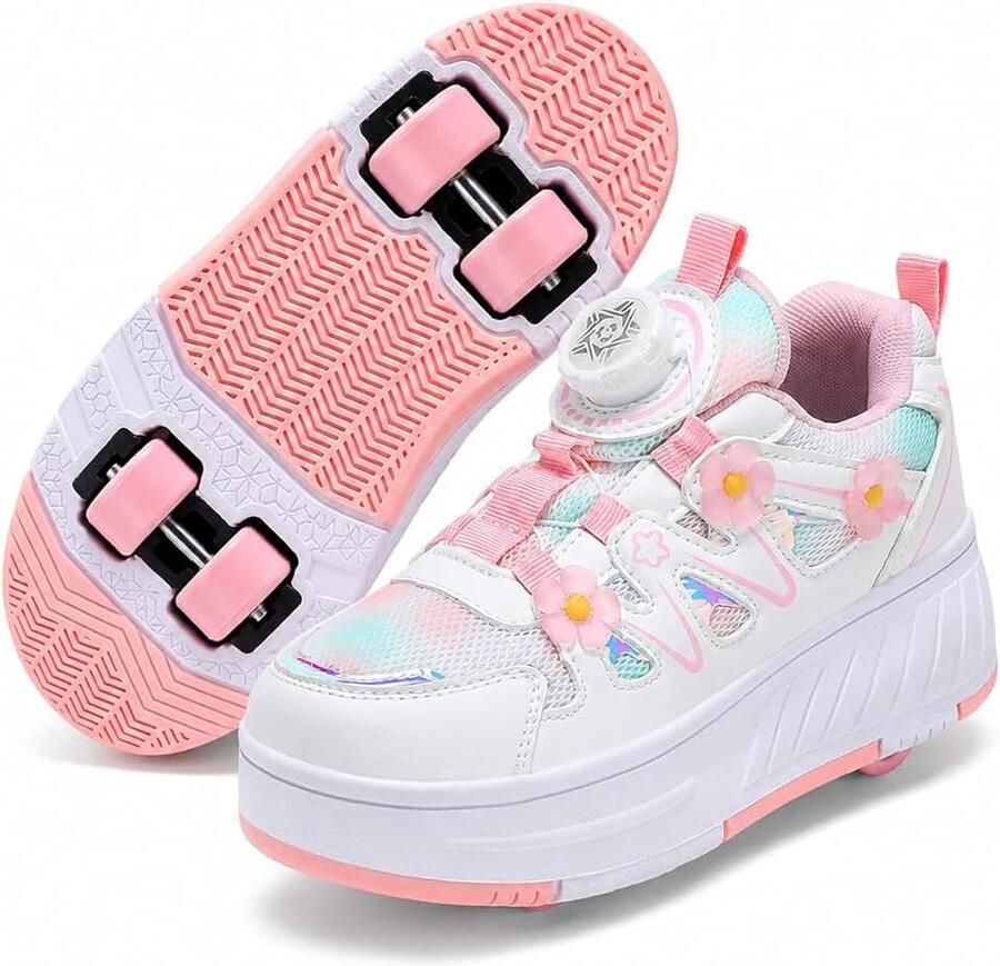 Rolschoenen Meisjes Schoenen met 4 Wielen 2-in-1 Skateschoenen met Draaiknop Ademend Mesh Sneakers voor Kinderen