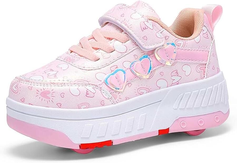 Rolschoenen voor en 2-in-1 modieus intrekbaar kinderen met 4 sneakers verstelbaar voor rollerball voor paars-roze