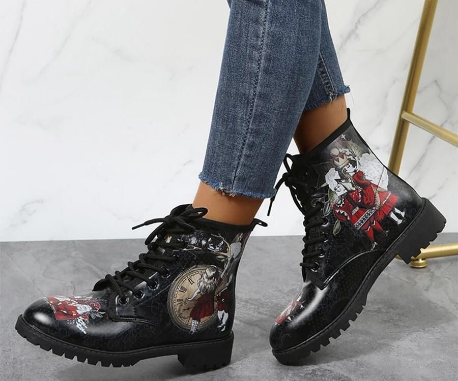 Ronde Neus Enkellaarsjes met Blokhak en Platform voor Dames Punkstijl Laarzen met Veters Multicolor Leer en Dikke Zool