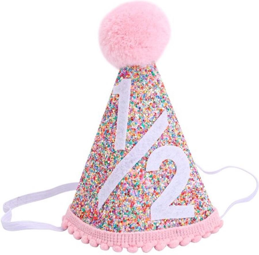 Roze kegelvormige verjaardagshoed met pompons voor meisjes speciaal voor een halve verjaardag van schattige feestdecoratie en feestbenodigdheden