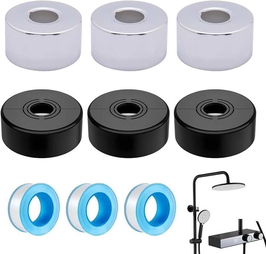Rozet 9-delige set 3 stuks kunststof verwarmingsbuis rozet zwart + 3 stuks Ø 25 mm roestvrijstalen buisafdekking + 3 stuks no-wrap-buisband voor douchekranen kranen radiatoren