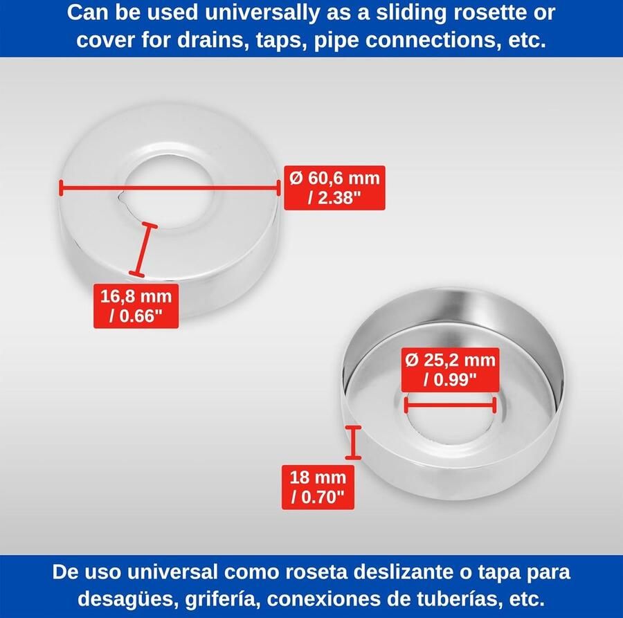 Rozet DN20 2 stuks maat Ø 60 x 25 mm verchroomd voor buisafdekking rozet voor buisafdekking buiskraag sifon kraanafdekking pijpsectie radiator push-on rozet sanitaire accessoires
