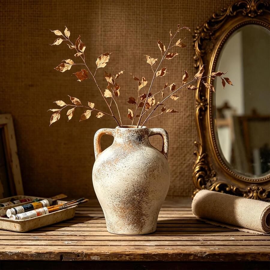 Rustieke boerderijvaas keramische bloemenvaas met handgrepen antieke keramische vaas boho-decoratieve vaas terracotta voor woonkamer tafel plank open haard