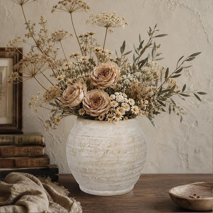 Rustieke Vaas 7.4 Decoratieve Keramische Bloem Vazen Vintage Boerderij Aardewerk Vazen Boho Beige Vaas voor Gedroogde Bloemen Pampas Gras Tafel Centrepiece Woonkamer Home Decor