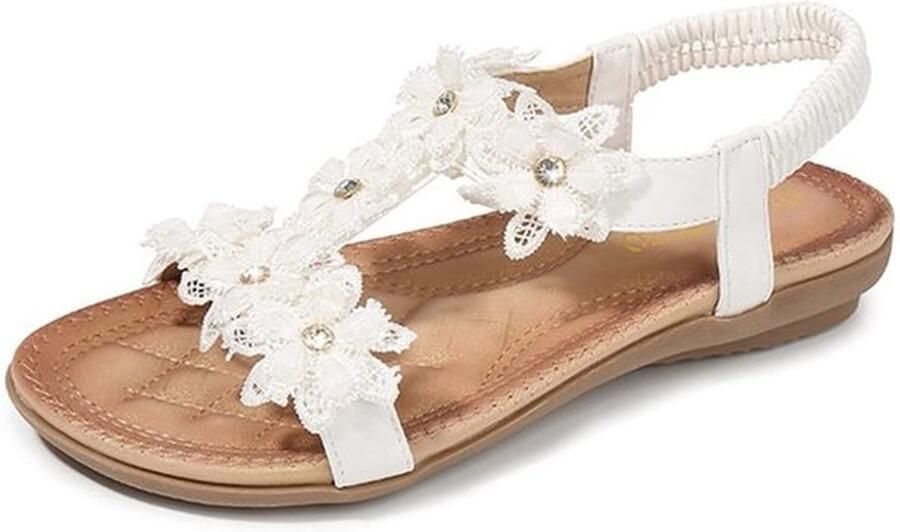 Sandalen Casual Platte Sandalen Elastische Terug Bling Kralen Ronde Teen Zachte Rubber Zool Zomerschoenen