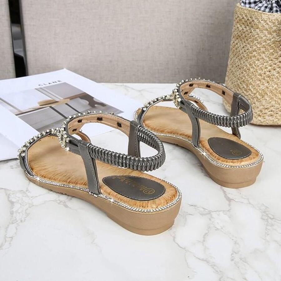 Sandalen Dames Casual Platte Sandalen Open Teen Elastische Achterkant Sprankelende Strass Zachte Rubberen Zool Zomerschoenen