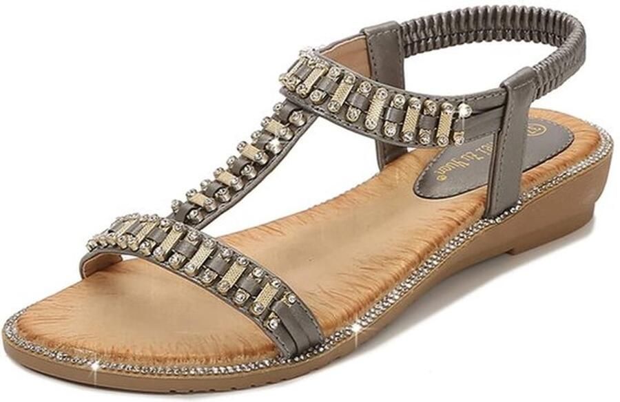 Sandalen Dames Casual Platte Sandalen Open Teen Elastische Achterkant Sprankelende Strass Zachte Rubberen Zool Zomerschoenen