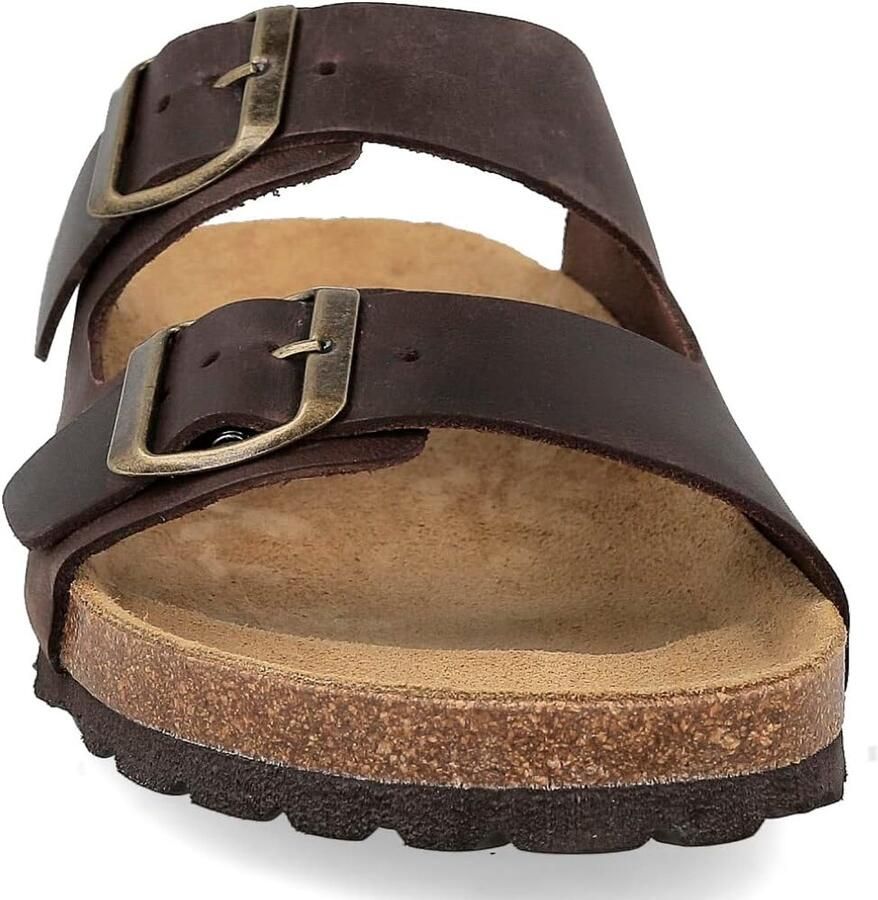 Sandalen Unisex met Twee Gespen. Open Teen. Comfortabele Californische Zomerslippers van Bio Kurken Zool. Anatomische Sjabloon. Bruin Zwart Leer