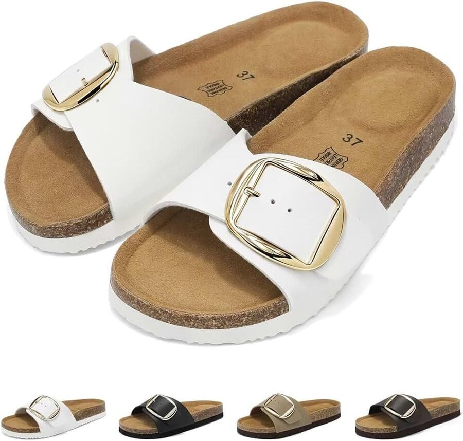 Sandalen Dames Slippers Zomer Sandals Platte Mules Kurken Voetbed Verstelbare Gesp Comfortabele Open Teen Sandalen Antislip Instappers Slippers Voor Binnen en Buiten