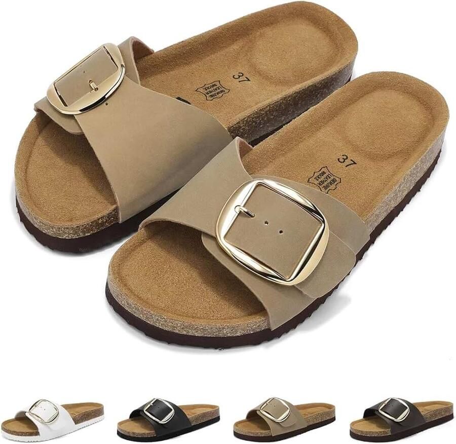 Sandalen Dames Slippers Zomer Sandals Platte Mules Kurken Voetbed Verstelbare Gesp Comfortabele Open Teen Sandalen Antislip Instappers Slippers Voor Binnen en Buiten