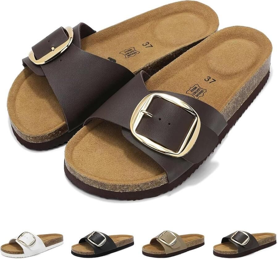 Sandalen Dames Slippers Zomer Sandals Platte Mules Kurken Voetbed Verstelbare Gesp Comfortabele Open Teen Sandalen Antislip Instappers Slippers Voor Binnen en Buiten