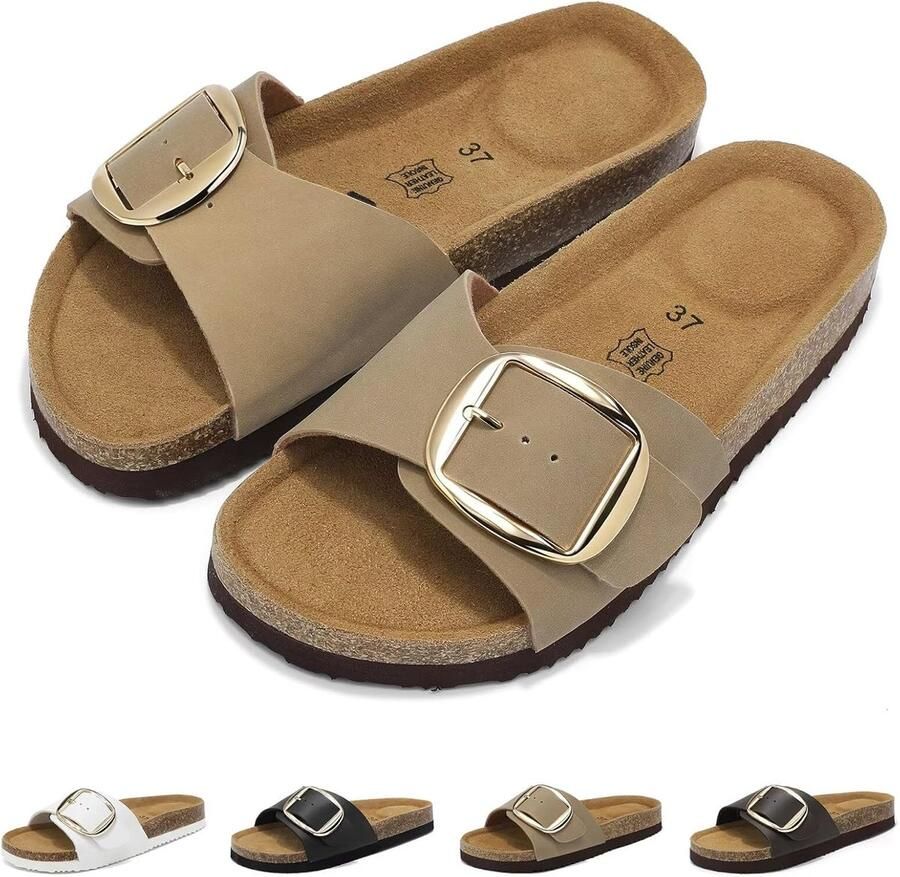 Sandalen Dames Slippers Zomer Sandals Platte Mules Kurken Voetbed Verstelbare Gesp Comfortabele Open Teen Sandalen Antislip Instappers Slippers Voor Binnen en Buiten