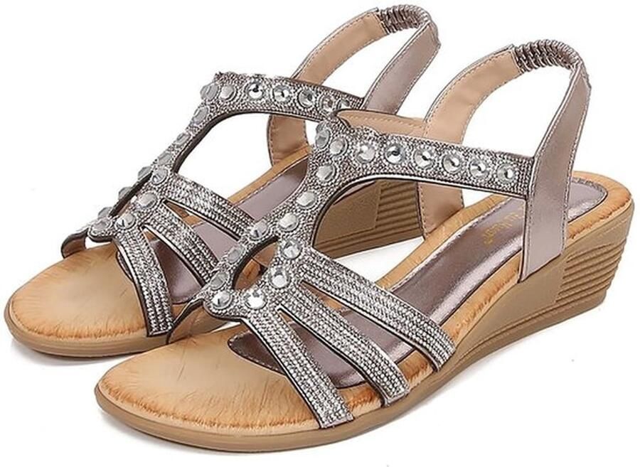 Sandalen Dames Zomer Sprankelende Strass Lage Hak Comfortabele Sleehak Boheemse Platform Ronde Neus Sandaal