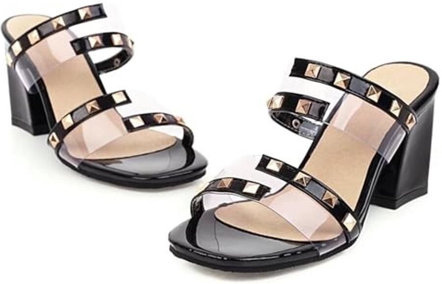 Sandalen met klinknagels en blokhak Zwart