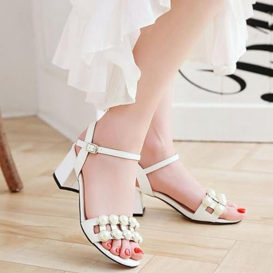Sandalen met Parels en Blokhak Wit - Foto 1
