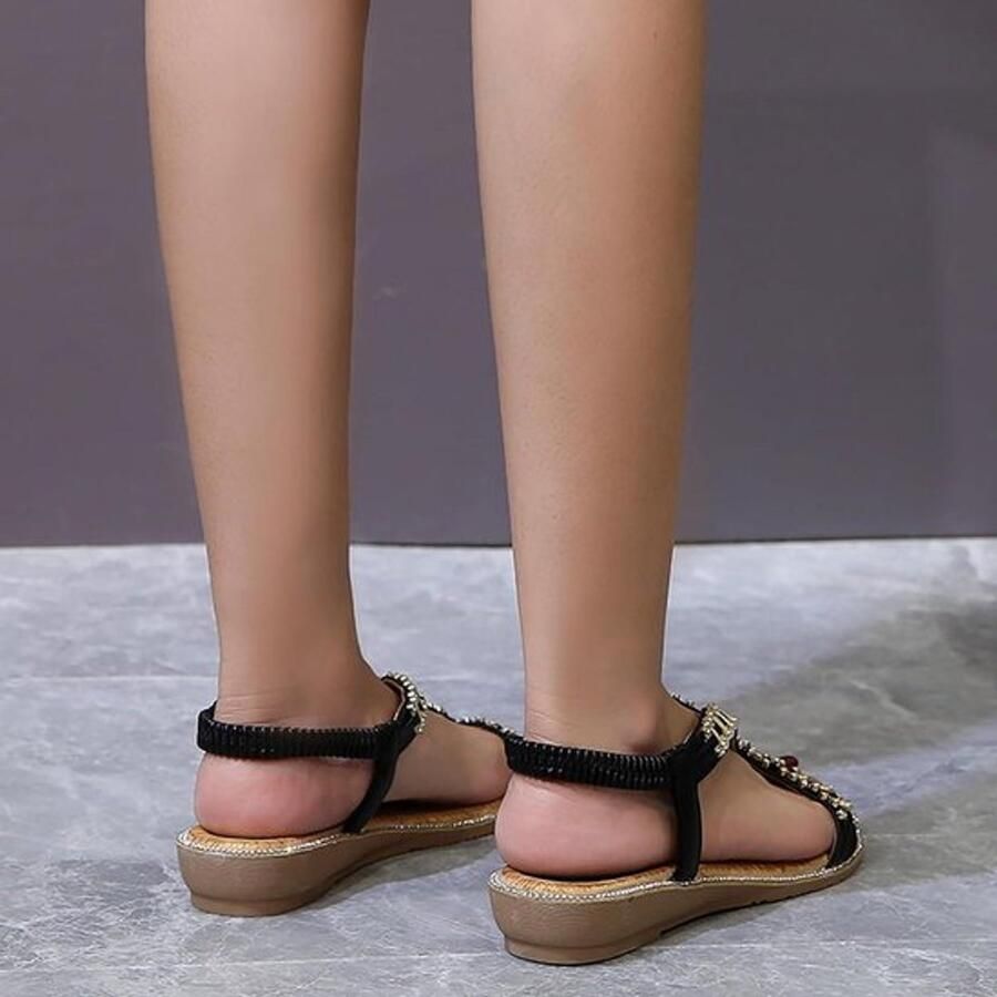 Sandalen voor Dames Zomer Casual Open tenen Glinsterend Boheemse Enkelband Elastisch Platte zool Zwart Geschikt voor Vrouwen Kralen