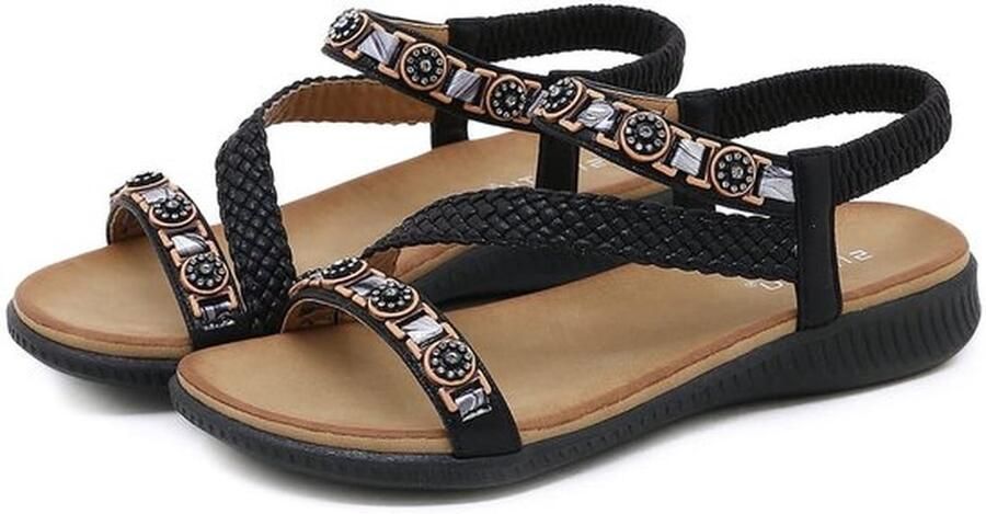 Dailygoods- Sandalen Casual Comfortabele Platte Sandalen Flip Flops T-Strap Elastische Achterkant Kralen Decoratie Zachte Rubberen Zool