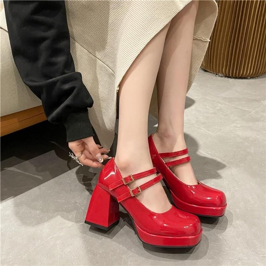 Schattige Mary-Jane schoenen voor dames met dikke hakken perfecte Lolita en Gothic stijl pumps in patentleer