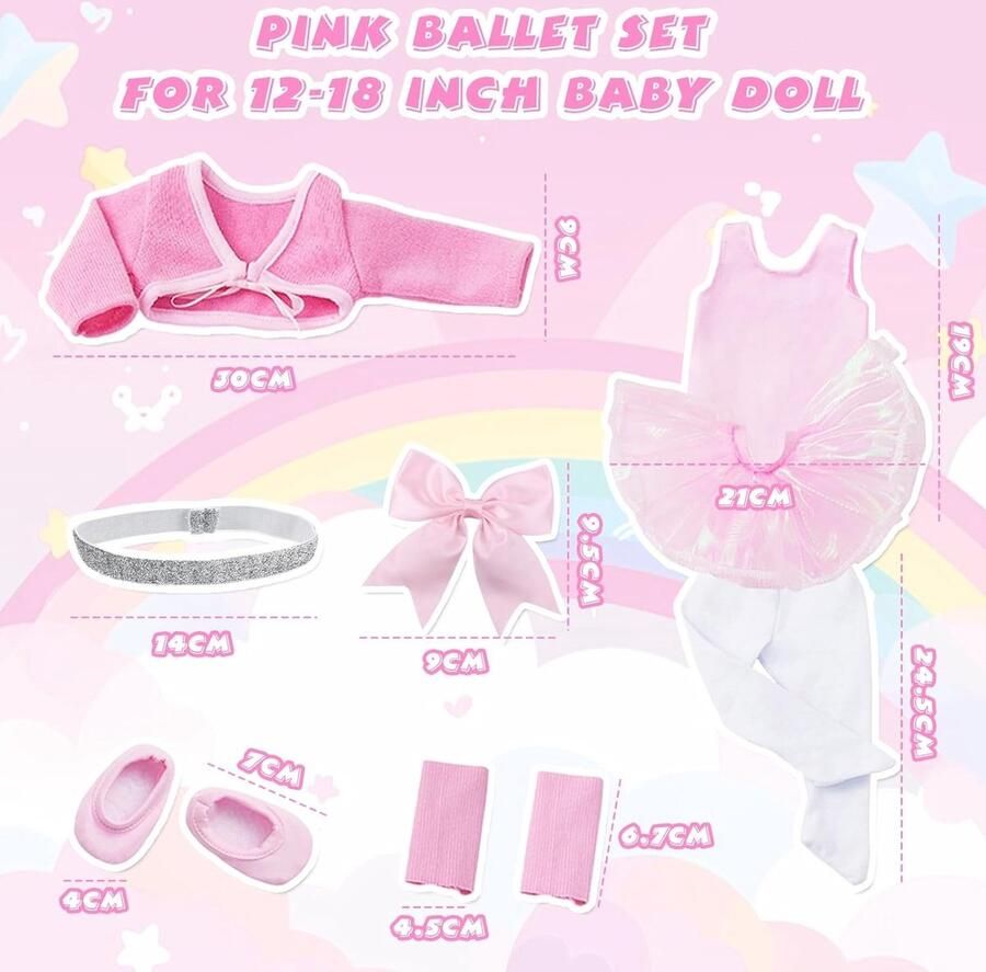 Schattige roze balletkleding voor babypoppen van 30- 12-delige set met jurk tights schoenen en accessoires voor poppenoutfits