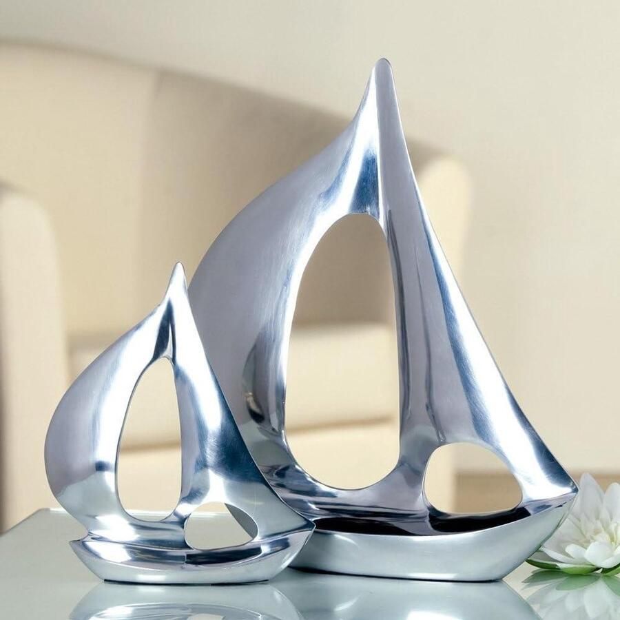 Schepen Sculptuur Metalen Boot Interieur Decoratie Gepolijst Aluminium Set van 2 Zilverkleurig