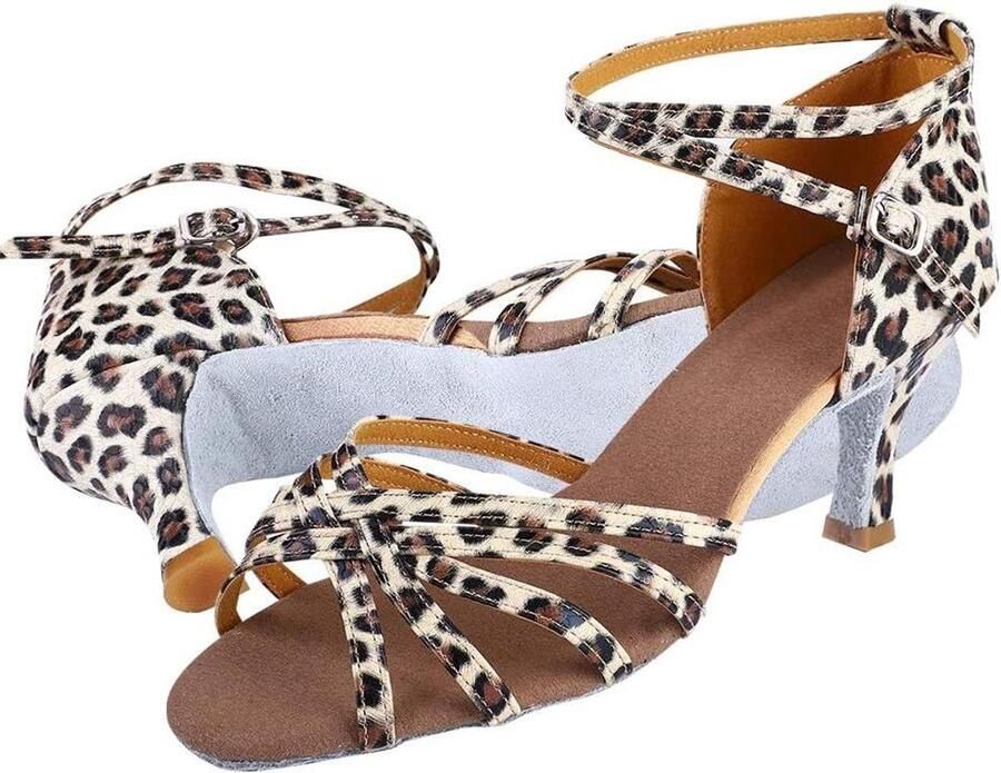 Klassieke Latin dansschoenen voor meisjes met luipaardpatroon Satijnen stof Ballroom dansschoenen Modieus ontwerp