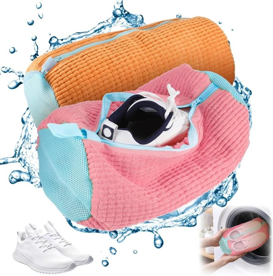 Schoenwaszak voor de wasmachine ideaal voor sneakers en sportschoenen met rits en meerdere kleurenopties (roze + oranje)