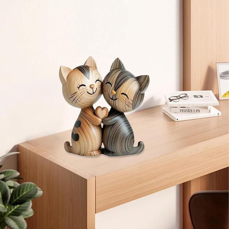 Sculptuur voor een paar katten decoratie voor het bureau van het paar van hout 2D decoratie van hout decoratie voor de tafel boekenhuisdierenliefhebbers woonkamer hal verjaardag
