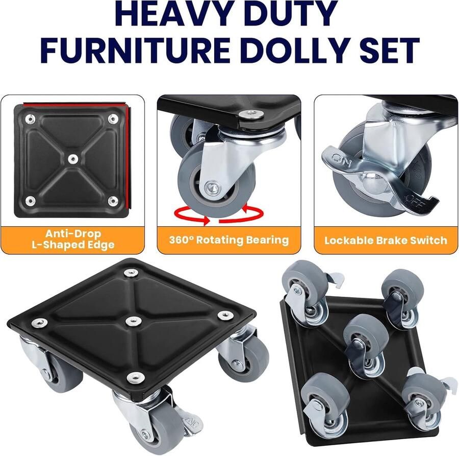 Set 4 stuks met 5 wielen 360° draaibaar lastenheber draagvermogen tot 800 kg Meubelrollen voor zware meubels en verhuizing