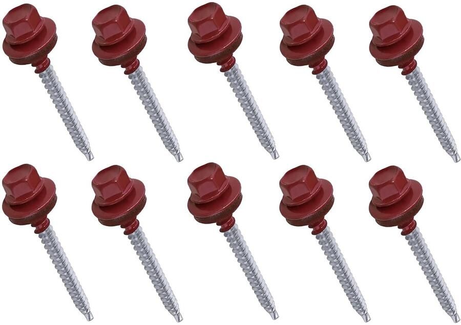 Set met 10 zelfborende schroeven van metaal tot hout Ø 4 8 x 55 mm + EPDM-afdichtring gelakt in roodbruin RAL 3011 kopafdr mm zeskant van staal