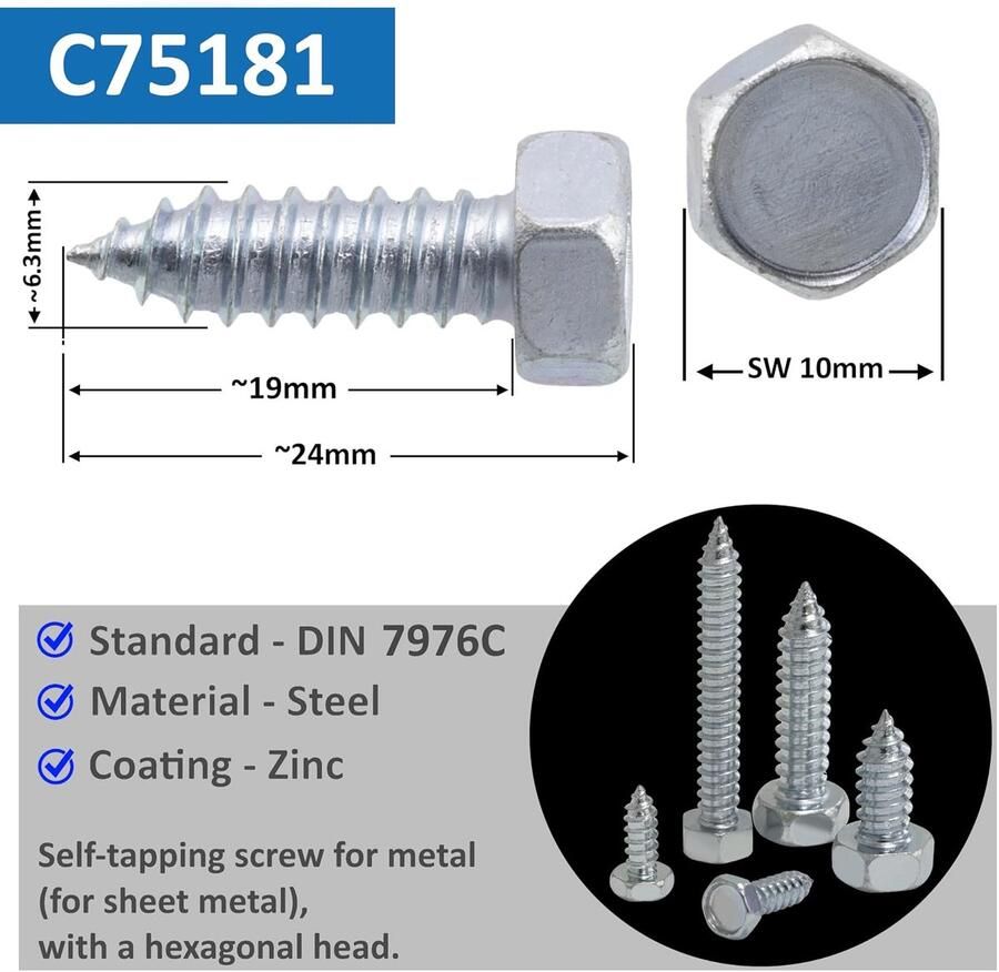 Set met 50 plaatschroeven Ø6 3 x 19 mm met zeskantkop 6 zijden DIN7976 Metalen plaatmontage van koolstofstaal verzinkt oppervlak