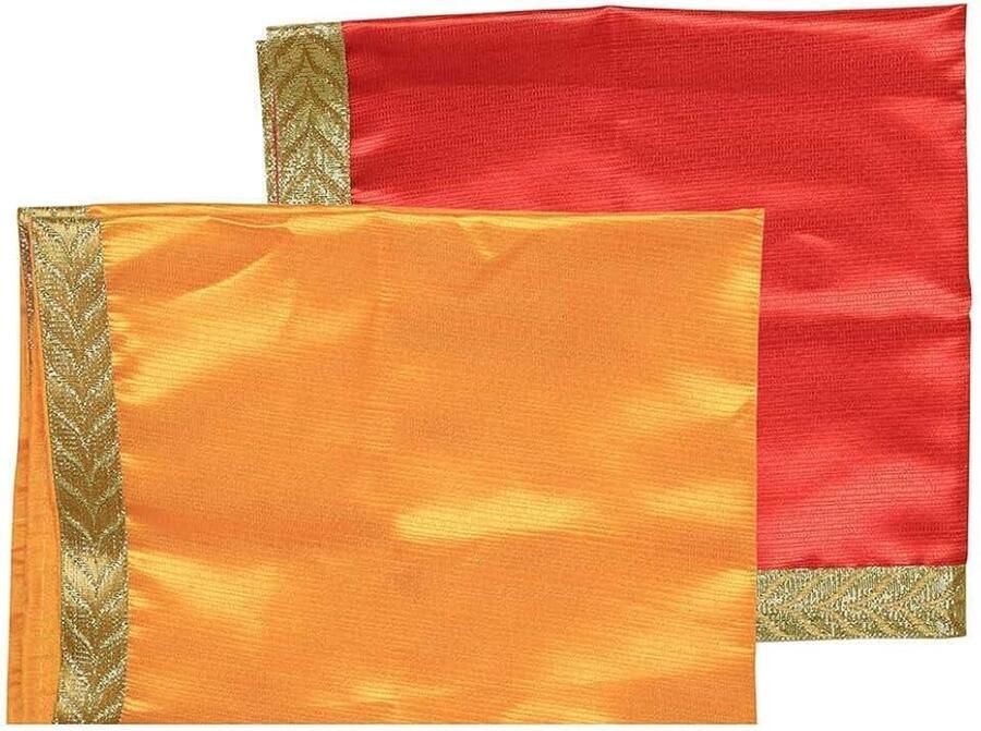 Set of 2 Mat Aasan Decorative Pooja Cloth Inches X 18 Inches) Multipurpose Pooja Indian Traditional Festival Laxmi Poojan Ganesha Decorations Item Article Yellow Laxmi(Red Yellow)