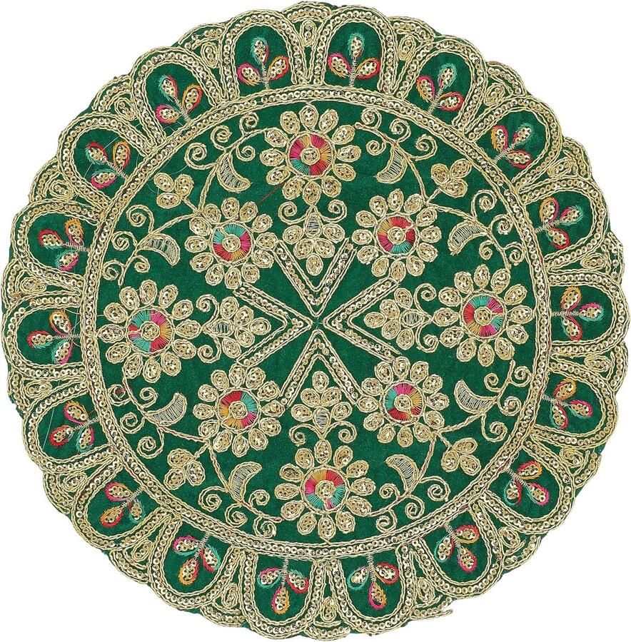 Set of 2 Round Mat Aasan Velvet Pooja Cloth with Sequence Work for Multipurpose Pooja Indian Traditional Festival Laxmi Poojan Ganesha Decorations Item Article 11 X11)(Orange Green)
