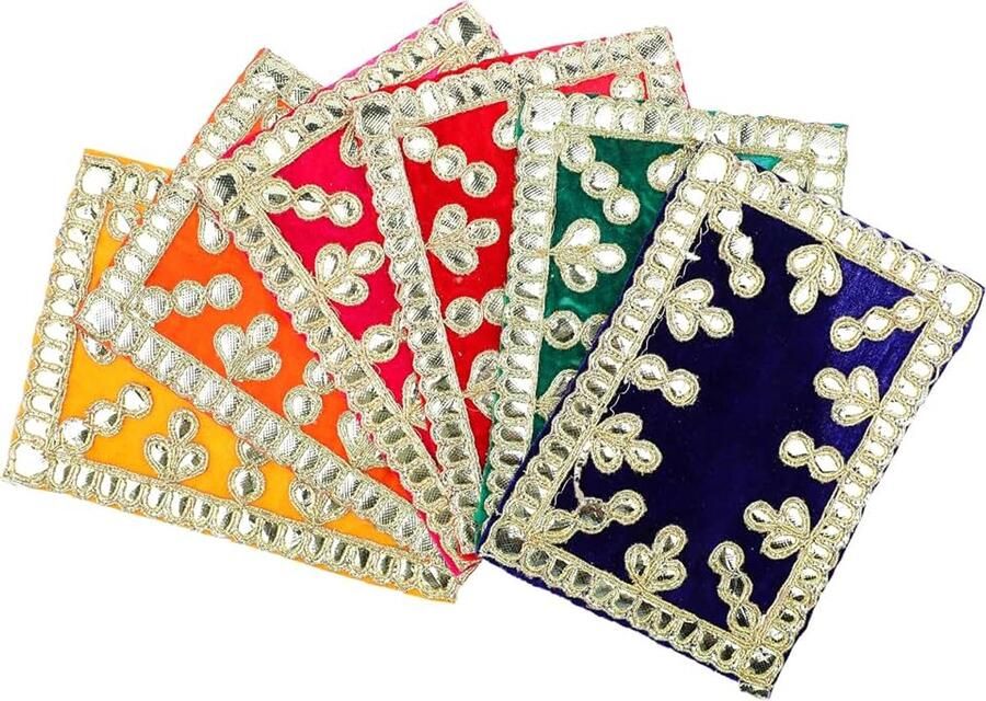 Set of 6 Small Mat Aasan Velvet Pooja Cloth Decorative Cloth Inch X 4 Inch) for Multipurpose Indian Traditional Housewarming Festival Laxmi Poojan Ganesha Decorations Pooja Article Laxmi