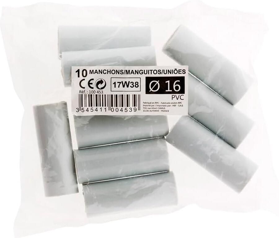 Set Van 10 IRL Mouwen Ø16mm Stijve PVC Schok- En Slijtvast Robuuste En Stabiele Verbinding Voor Elektrische Installaties Wit 16mm