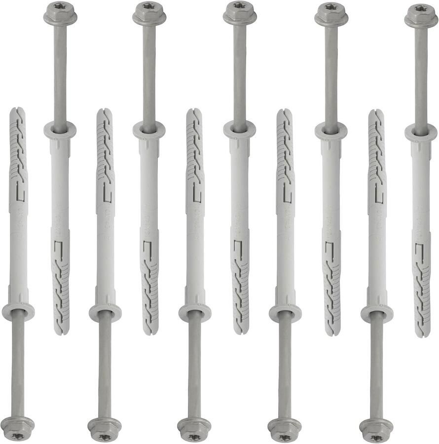 Set van 10 kunststof pluggen Ø10x140mm met flens + 10 zelftappende schroeven Ø7x150mm met flens met zeskantkop stervorm TX40 bevestiging baksteenbeton