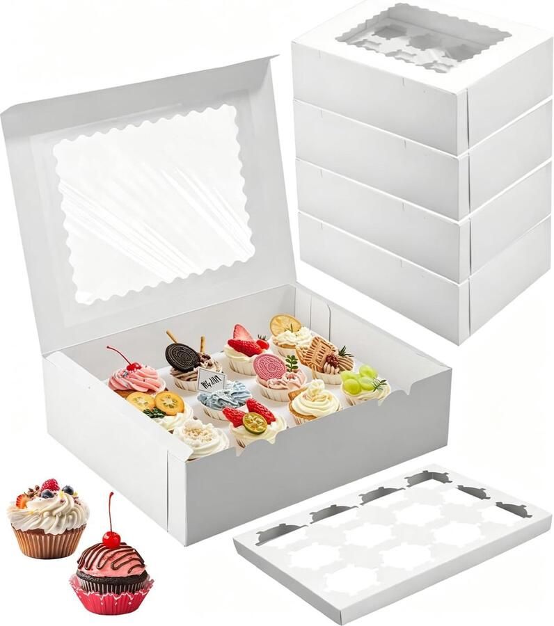 Set van 10 muffinvakjes kartonnen verpakkingsdoosjes met 12 vakjes witte cupcake-doosjes cupcake-bakjes cupcake-verpakking met doorzichtig venster voor taarten macarons en gebak