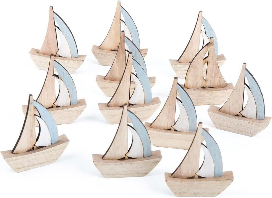 Set van 12 Houten Mini Zeilboten Decoratie voor Strand & Zee Thema Tafeldecoratie