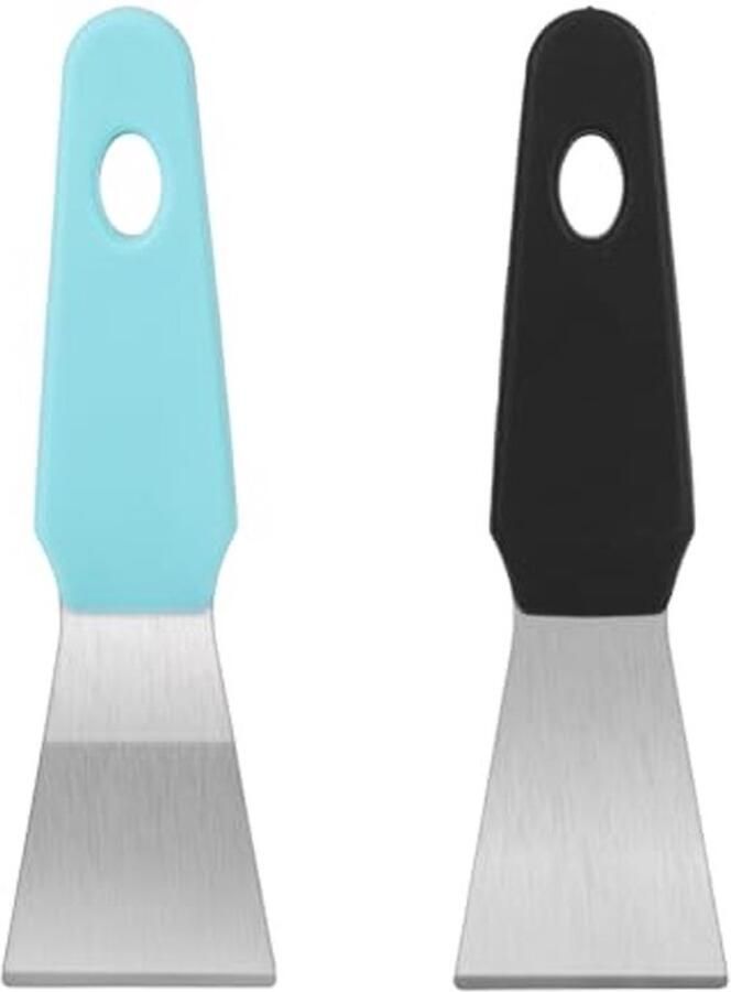 Set van 2 3D-printerschrapers van dik roestvrij staal in zwart en blauw met rechte en gebogen spatels voor veilig en schadevrij verwijderen van modellen van het bouwoppervlak