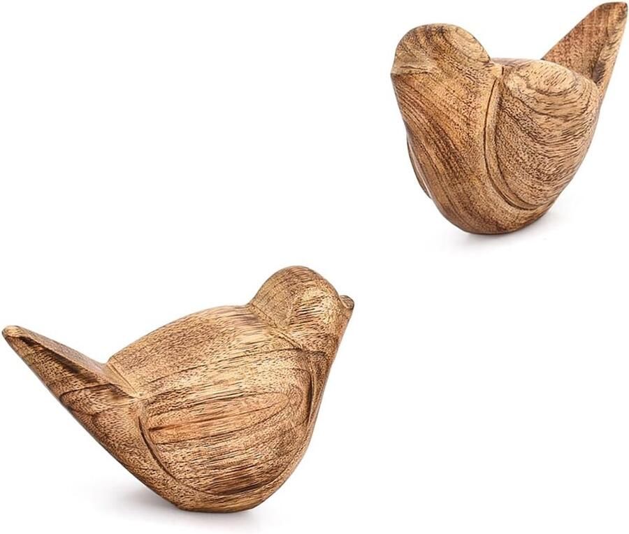 Set van 2 met de hand gesneden mangohouten beeldjes uniek rustiek huisdecoratiecadeau voor natuurliefhebbers vogelhorloges of minimalistische interieurs (13 x 6 x