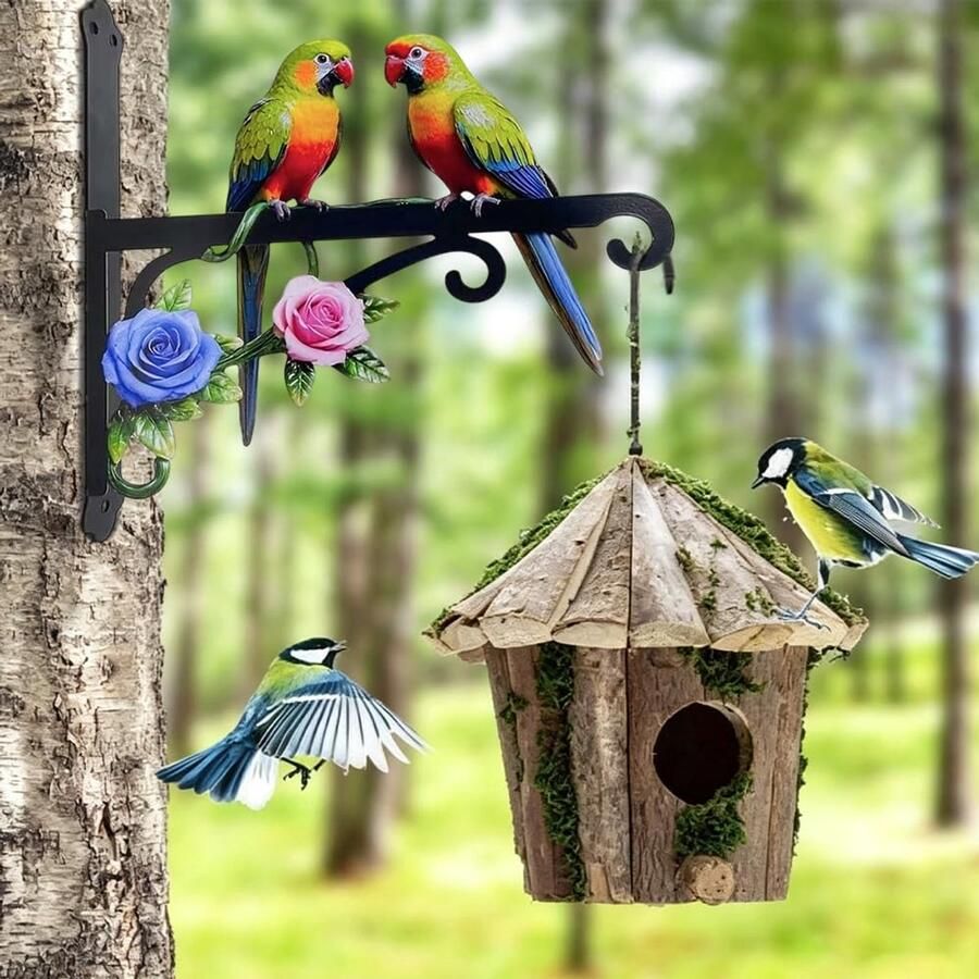 Set van 2 metalen hangende bloempothouders wandhaken papegaai rozenornament tuindecoratie voor vogelhuisjes en ornamenten x