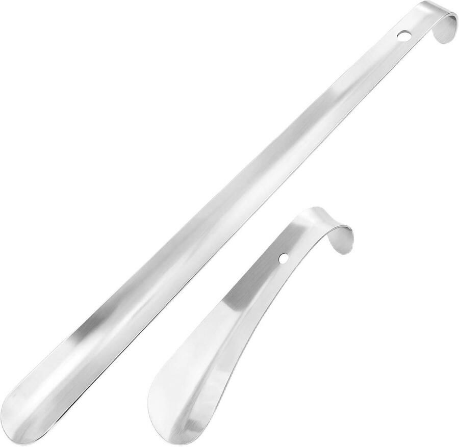 Set van 2 Metalen Schoenlepels Roestvrij Staal Lang en Kort Model met Haakhandvat