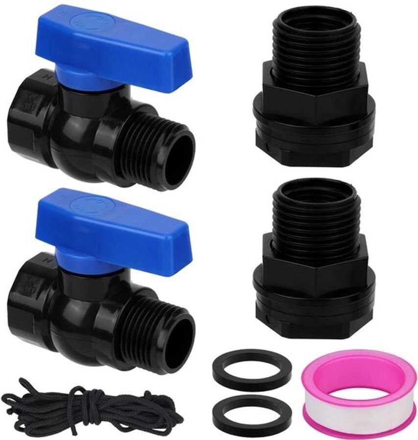 Set van 2 PVC regenvat kranen van 3 4 inch met doorvoertule slangkraanaansluiting en draadafdichttape voor eenvoudige installatie bij watertanks aquaria en tuinvaten