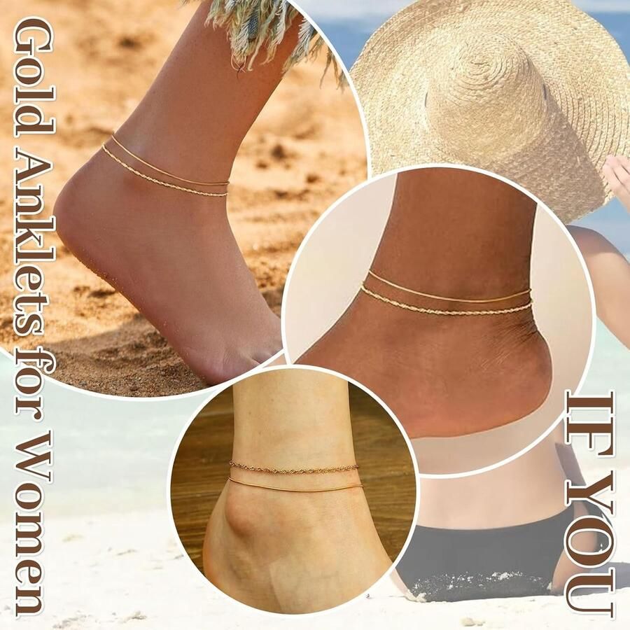 Set van 2 Waterdichte Enkelschoenen met 14 Karaats Goudplating Dunne Herringbone Slangenkettingen van RVS voor Dames