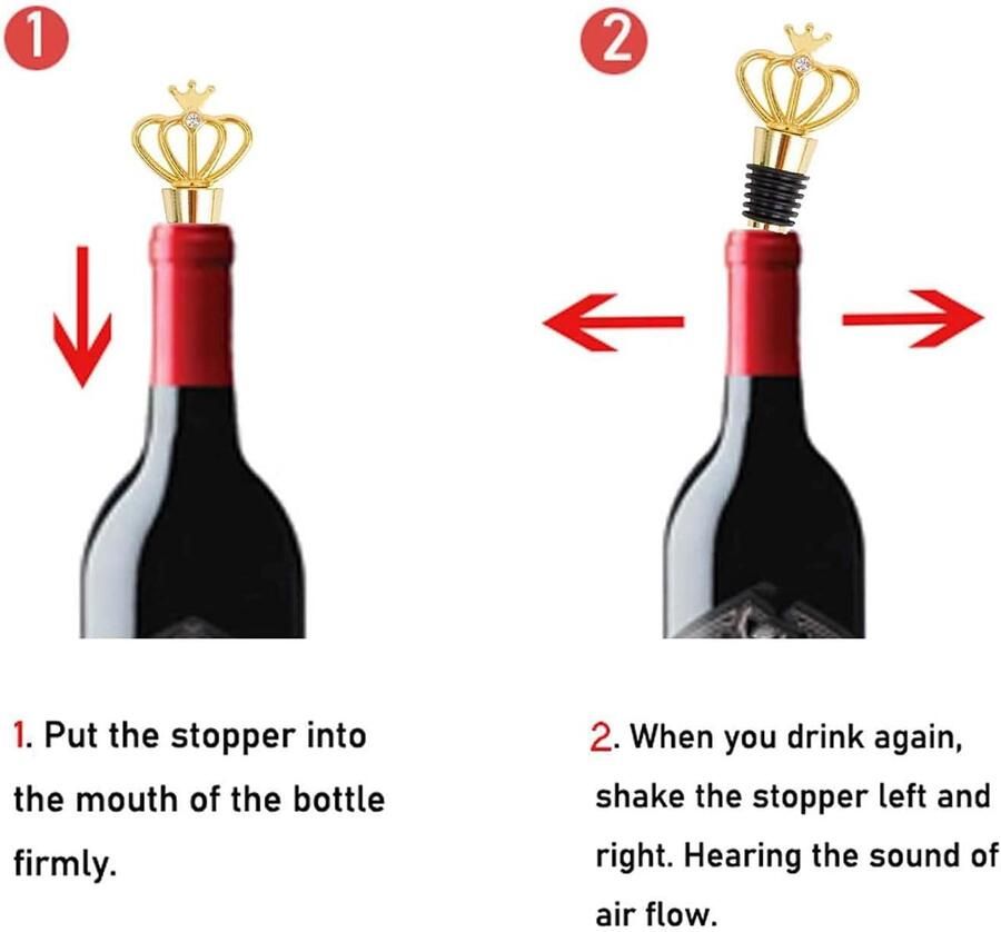 Set van 2 wijnsluitingen wijnflessendoppen in kroondesign flessendop wijnstop flessen wijnschenktuit anti-druppel voor de wijnverzameling wijn champagne glazen flessen (goud)