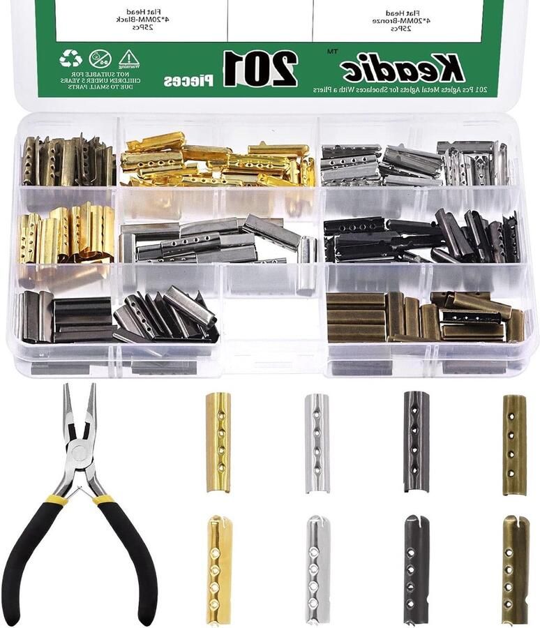 Set van 201 Stuks Metalen Schoenveter Tips met Plat en Rond Hoofd Vervangende Aglet Tips voor Sneakers Canvas en Broeken in 6 Kleuren