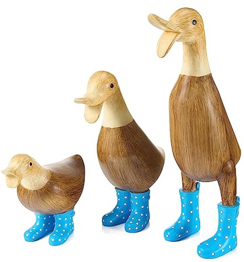 Set van 3 Eenden Tuindecoraties met Blauw Gevlekte Laarzen Waterdichte Standbeelden Voor Binnen en Buiten