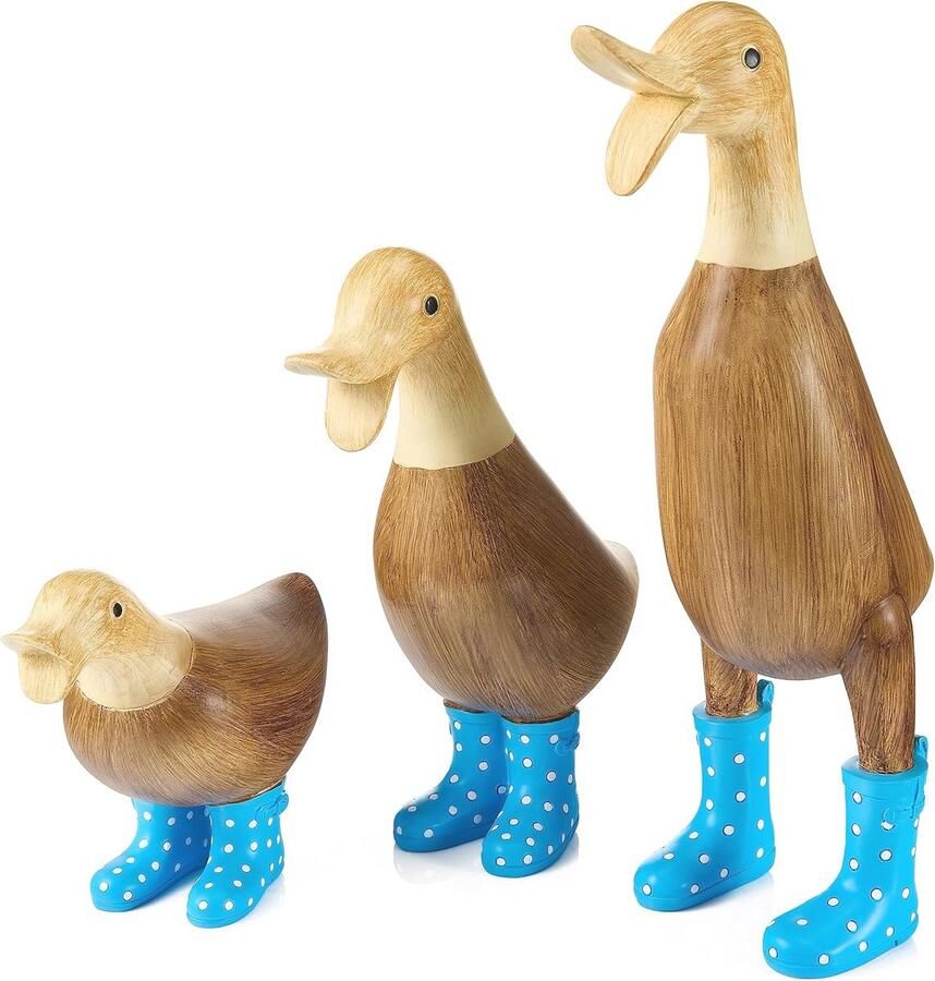 Set van 3 Eenden Tuindecoraties met Blauw Gevlekte Laarzen Waterdichte Standbeelden Voor Binnen en Buiten
